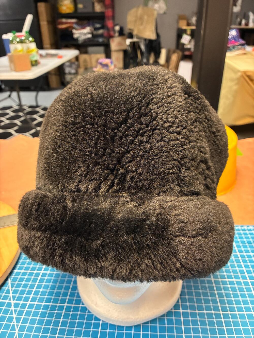 Vintage Black Shearling Ushanka Hat Real Sheepskin Fur Winter Trapper Hat